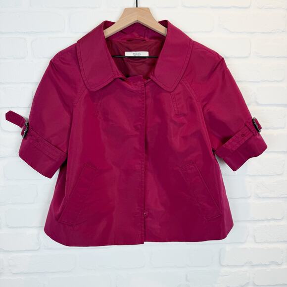 Prada Silk Taffeta 3/4 Quarter Sleeve Cropped Jacket Buckle Burgundy Red 38 IT